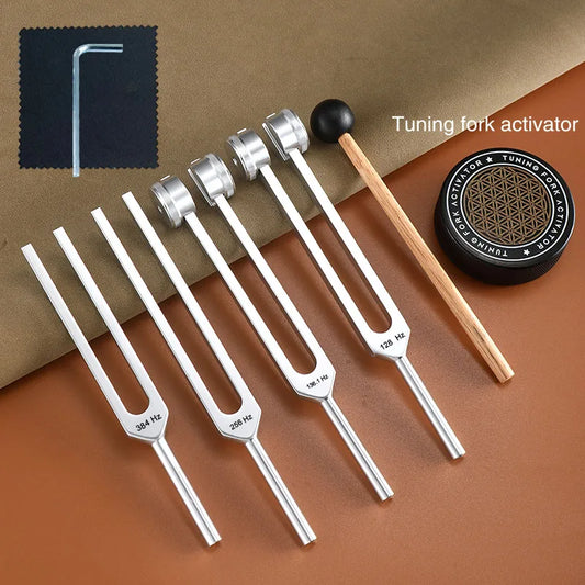 Tuning fork set 128, 136.1, 256 and 384 Hz with activator, view 2