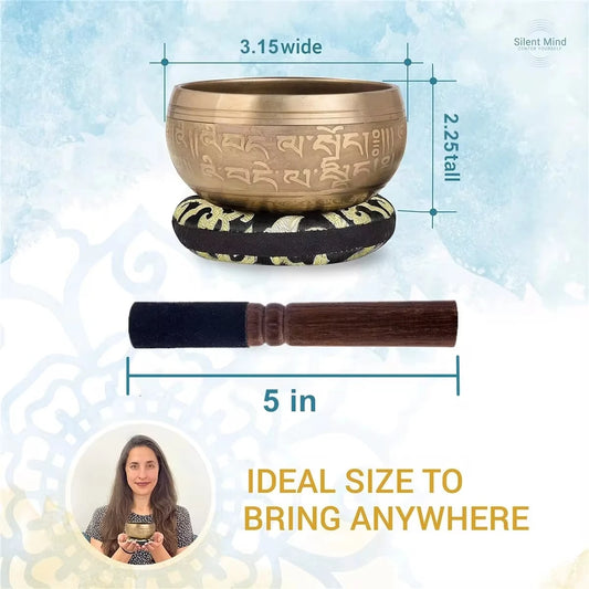 Mini engraved singing bowl set with cushion and striker, view 2