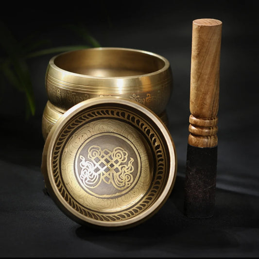 Mini engraved singing bowl set with cushion and striker