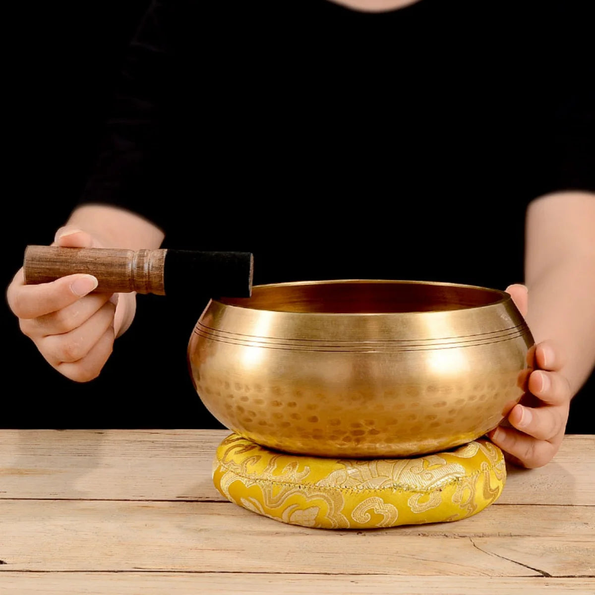 Hammered-finish singing bowl set with cushion and striker, view 5