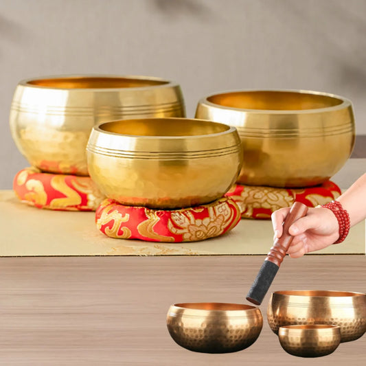 Hammered-finish singing bowl set with cushion and striker