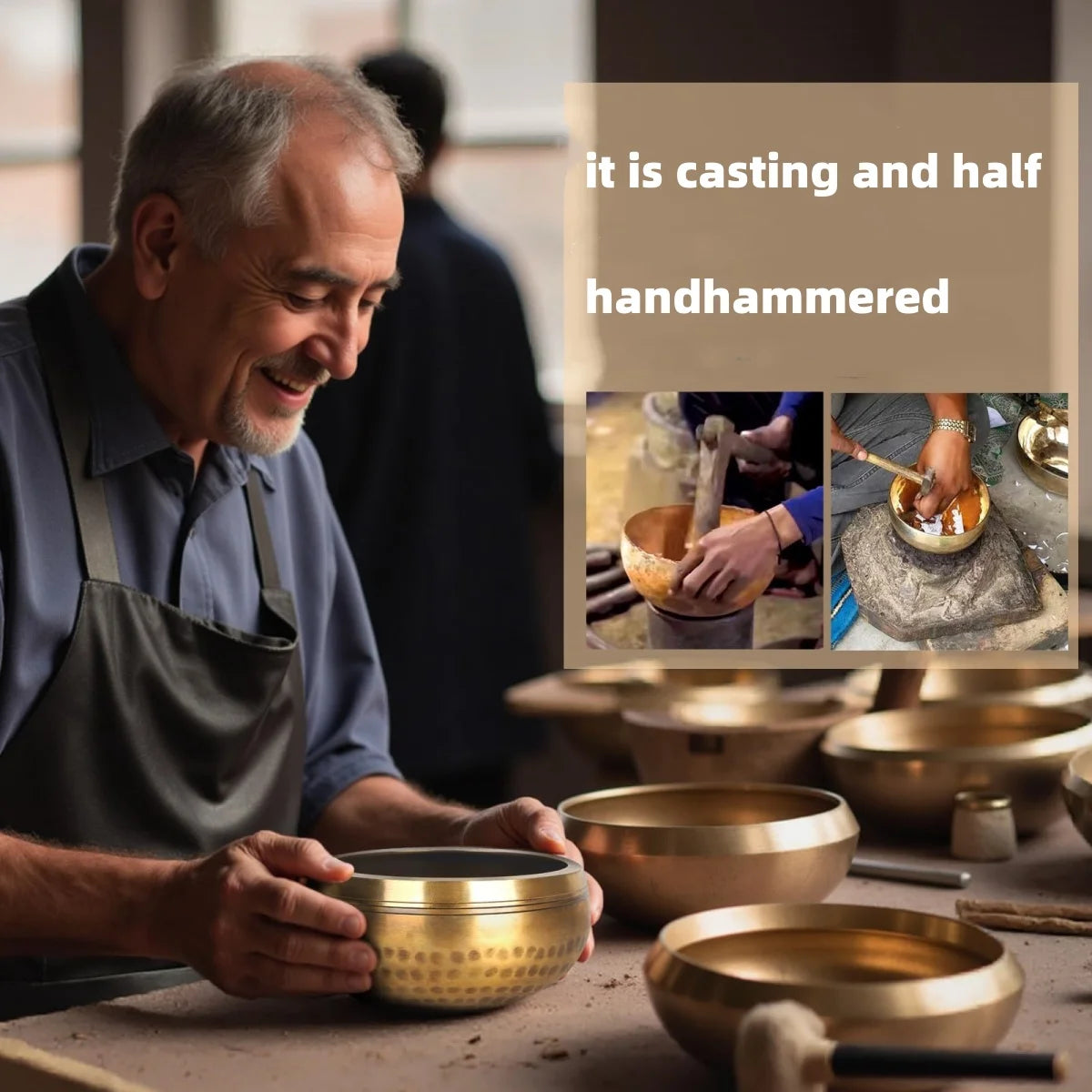 Hammered-finish singing bowl set with cushion and striker, view 4