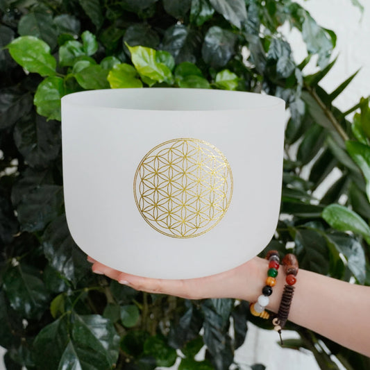 8 inch frosted quartz crystal singing bowl, Flower of Life print